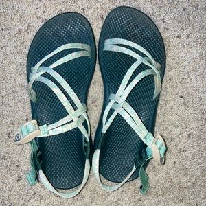 Teal and white chaco sandals